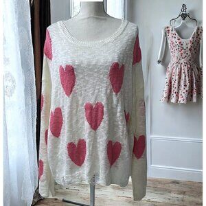 Blakeley Lightweight Loose Knit Sweater With Pink Hearts‎ Distressed Hemline XL